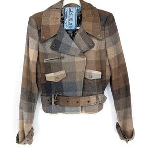 VTG Y2K L.A.M.B. Gwen Stefani Brown Plaid Wool Belted Moto Jacket 4 Indie Chic